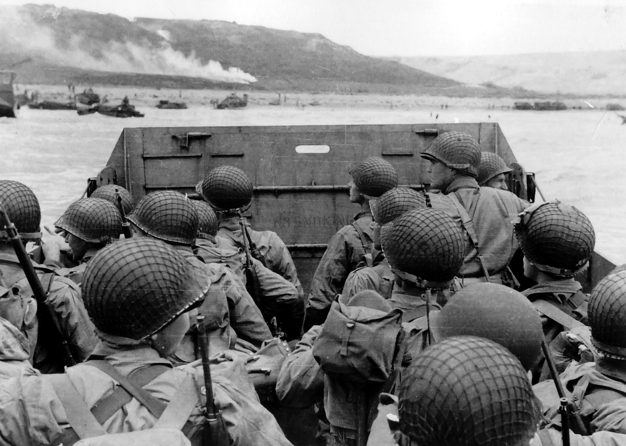 US assault troops in an LCVP landing craft approach Omaha Beach